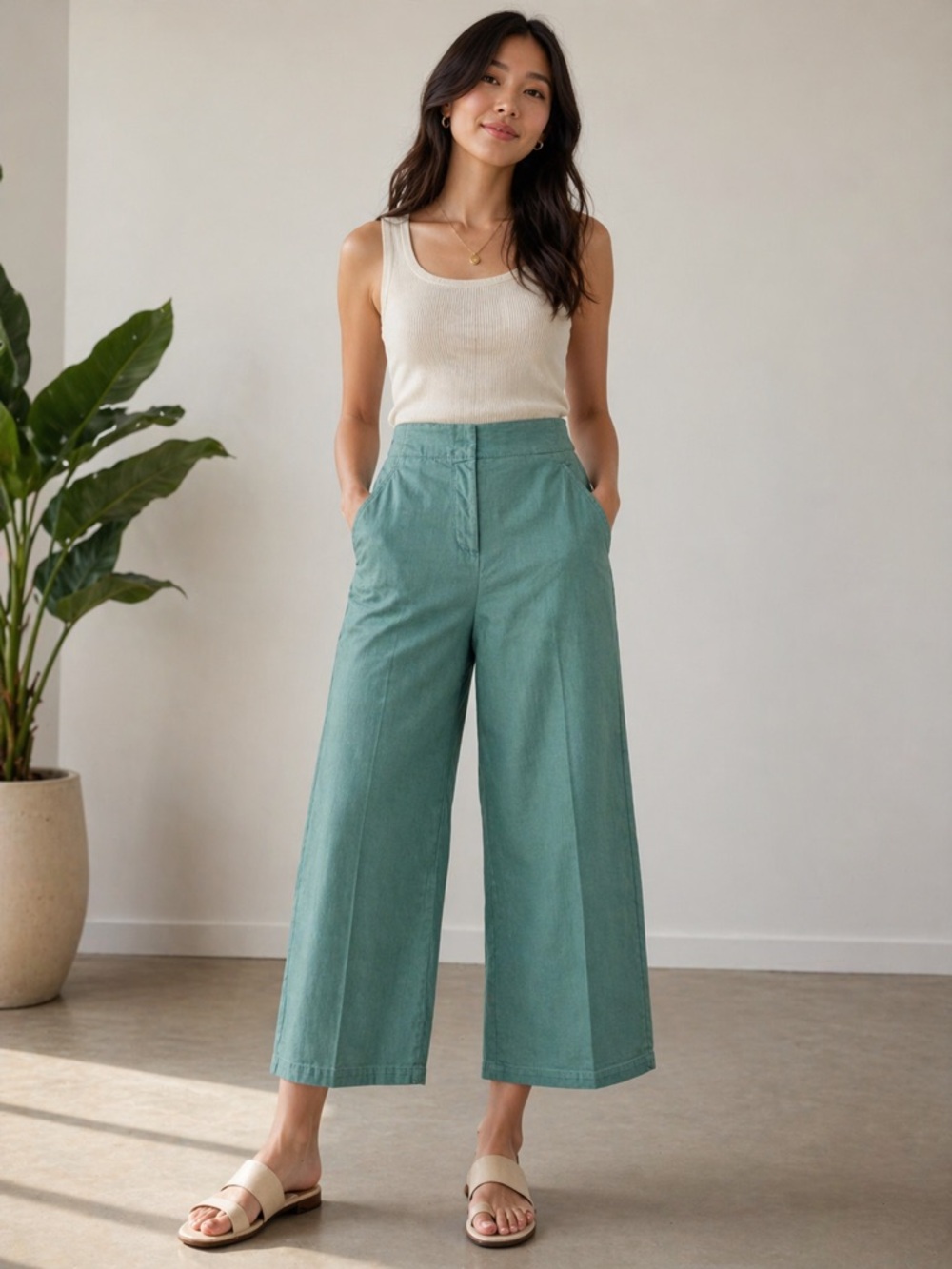 Women's Tibi Boho Green Cropped Wide-Leg Twill Cotton Pants Relaxed Fit Pockets
